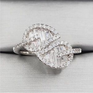 White Diamond Simulants Rhodium 925 Sterling Silver Double Leaf Ring